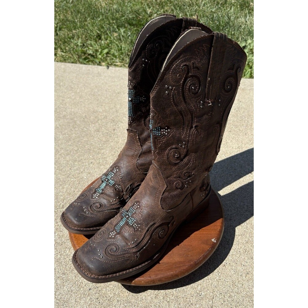 Roper Western Boots Women's Size 8.5 Brown Teal Crystal Cross Cowgirl Square Toe